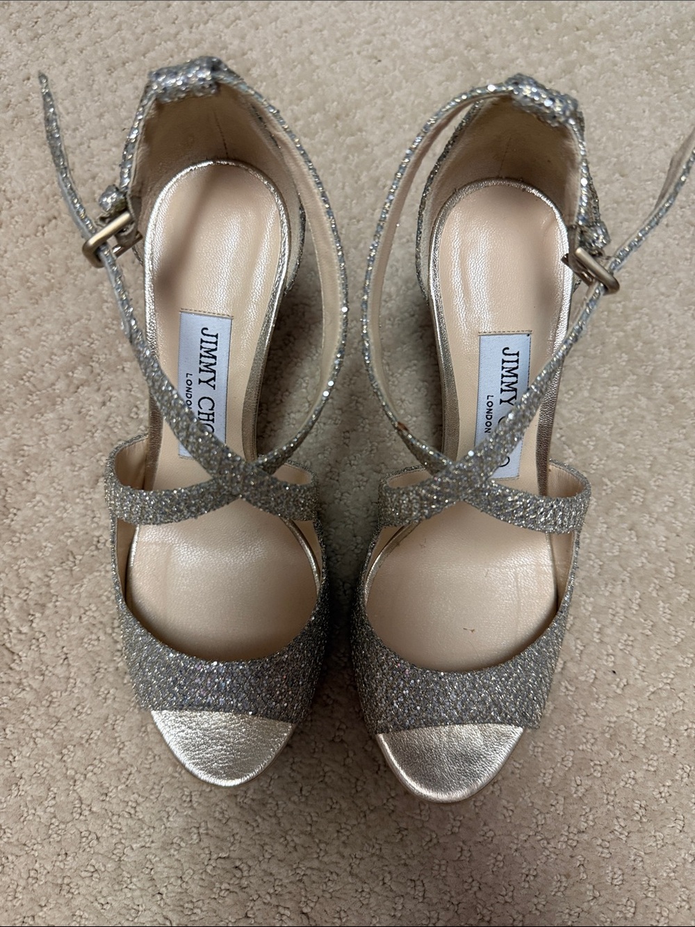 Jimmy Choo Silver Glitter Cross-Strap Heels